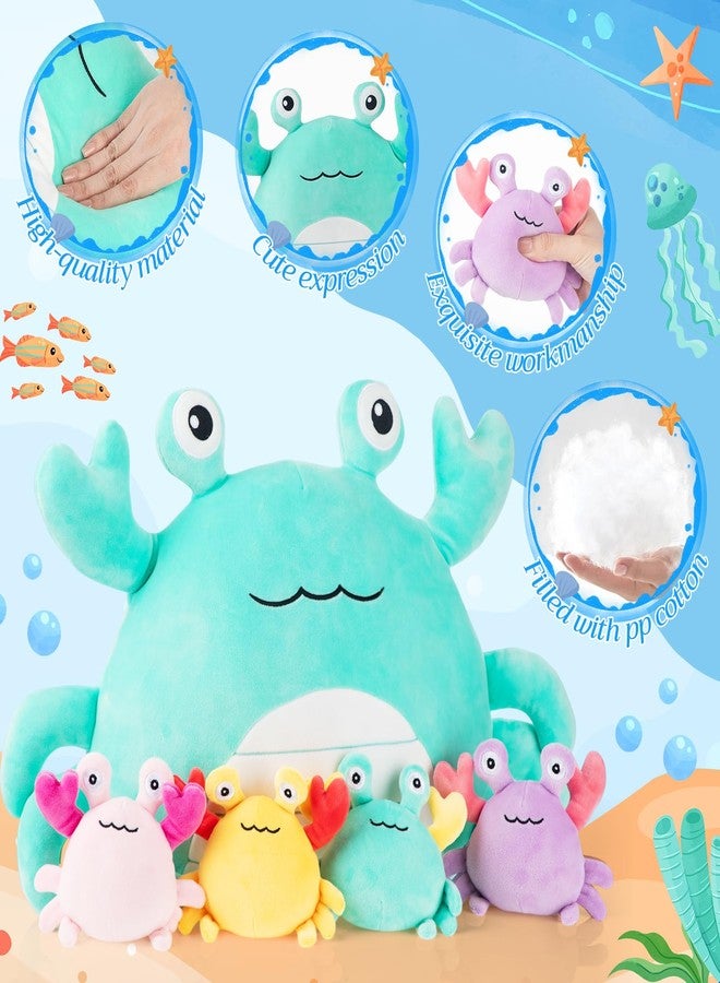 DoubleFill مجموعة ألعاب سرطان البحر القطيفة من دبل فيل، 5 قطع، 14 بوصة، وسادة قطيفة على شكل سرطان بحر كبير مع 4 دمى قطيفة للأطفال، هدايا عيد ميلاد للبنات والأولاد، ديكورات حفلات تحت الماء والمحيط (أخضر) - Image 3